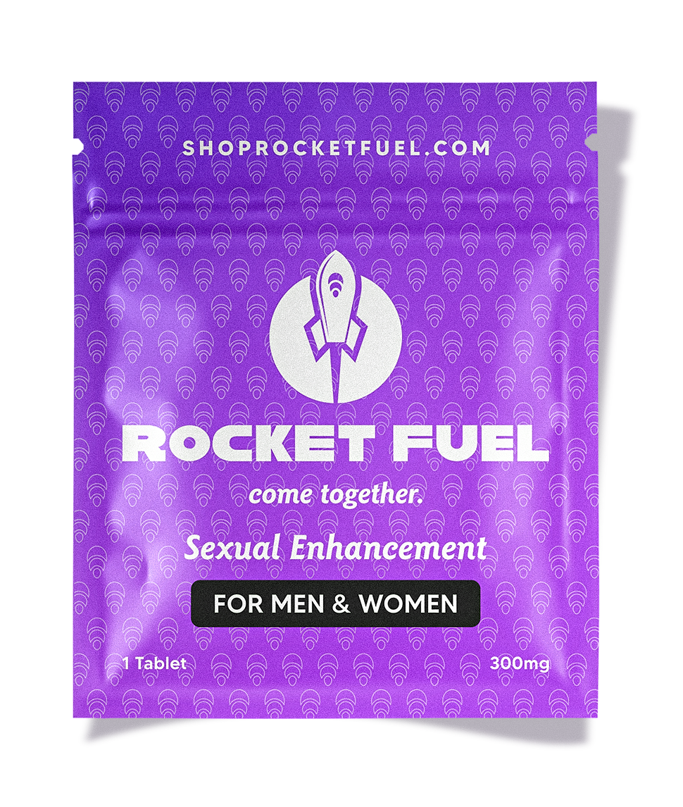 Purple packaging of Rocket Fuel sexual enhancement tablets with branding and website information.