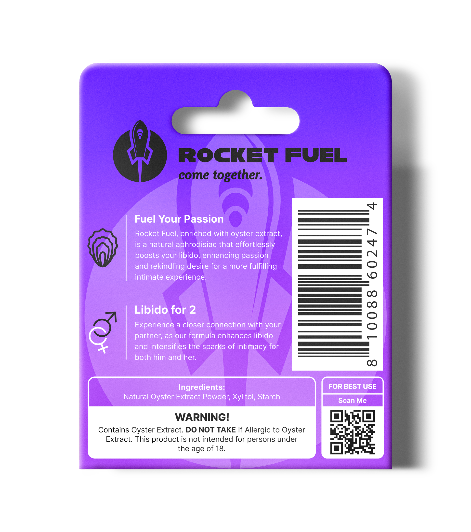 Purple packaging of Rocket Fuel with branding and product information.
