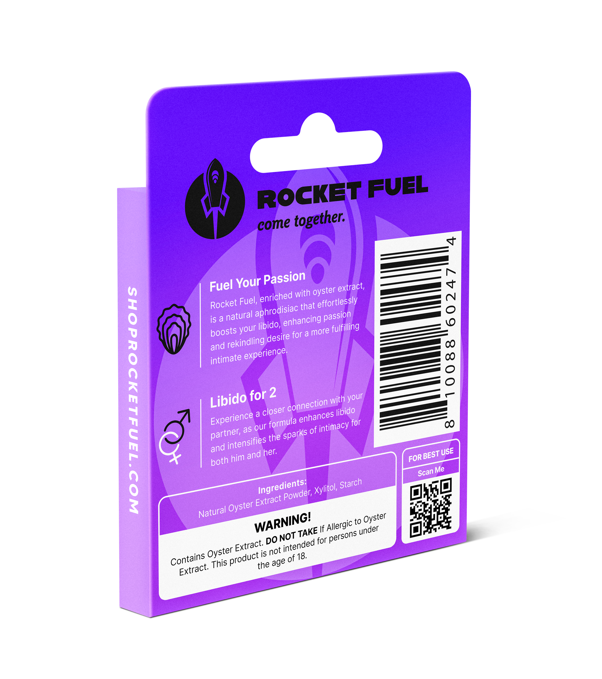 Purple packaging of Rocket Fuel product with branding and text on a white background