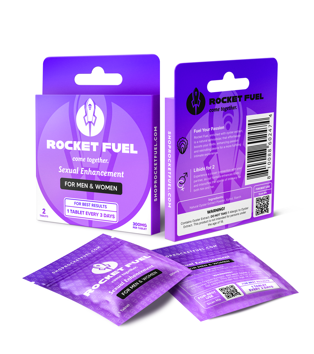 Purple packaging of Rocket Fuel sexual enhancement product on a white background