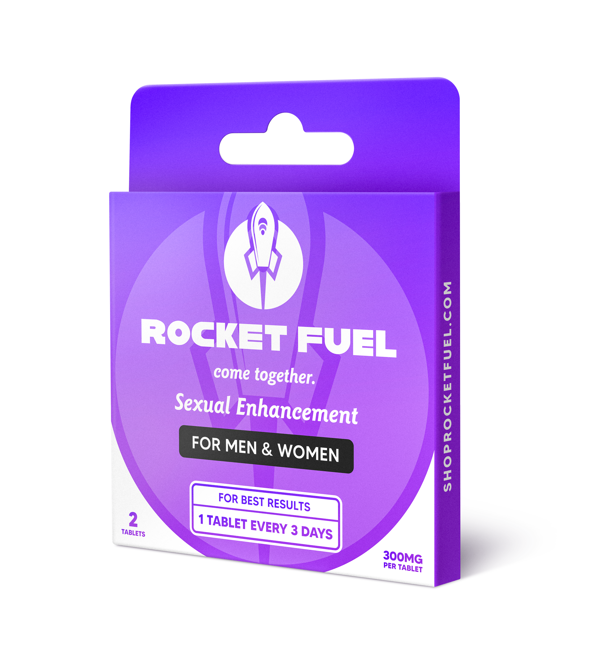 Purple packaging of Rocket Fuel sexual enhancement tablets for men and women on a white background