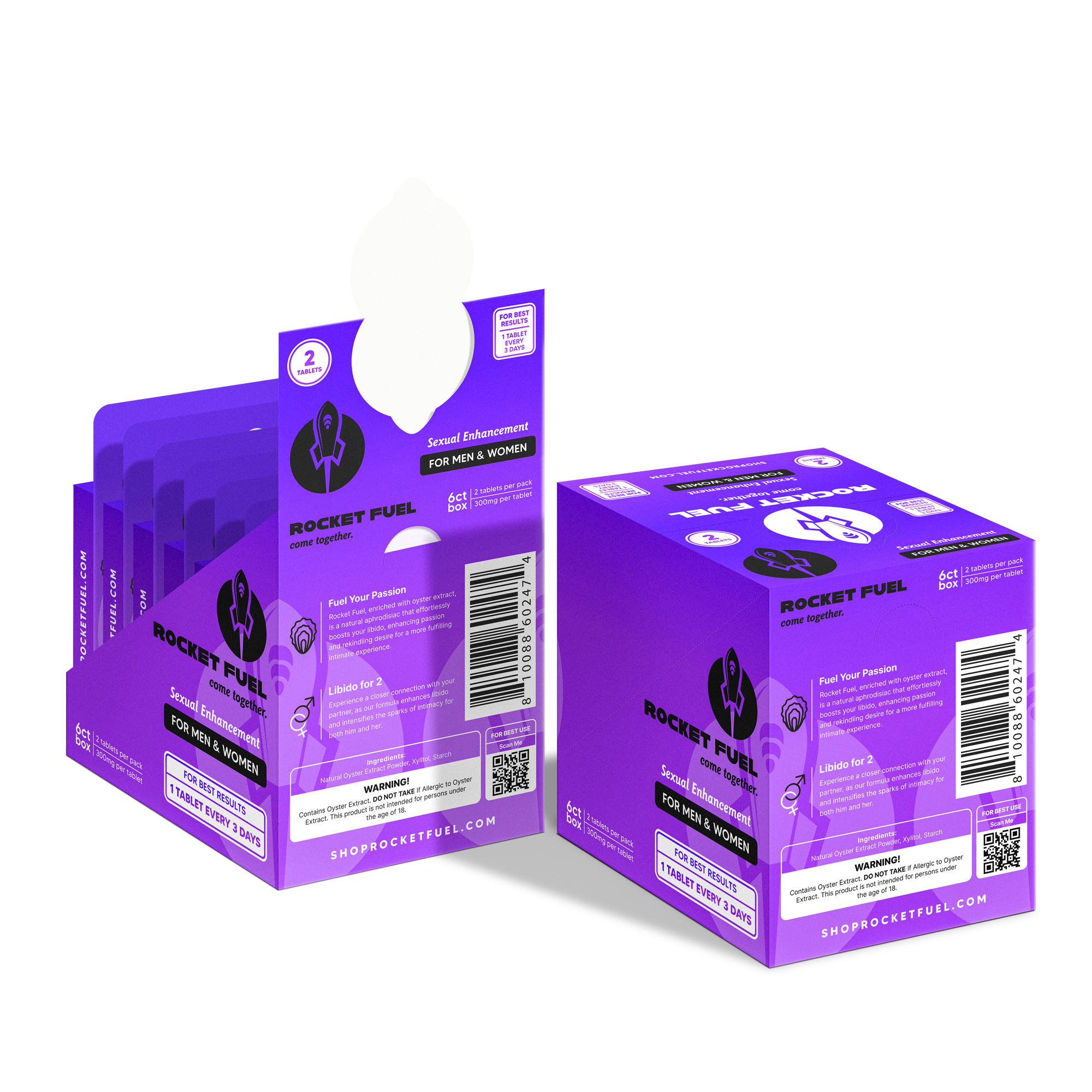 Two purple boxes of Rocket Fuel on a white background