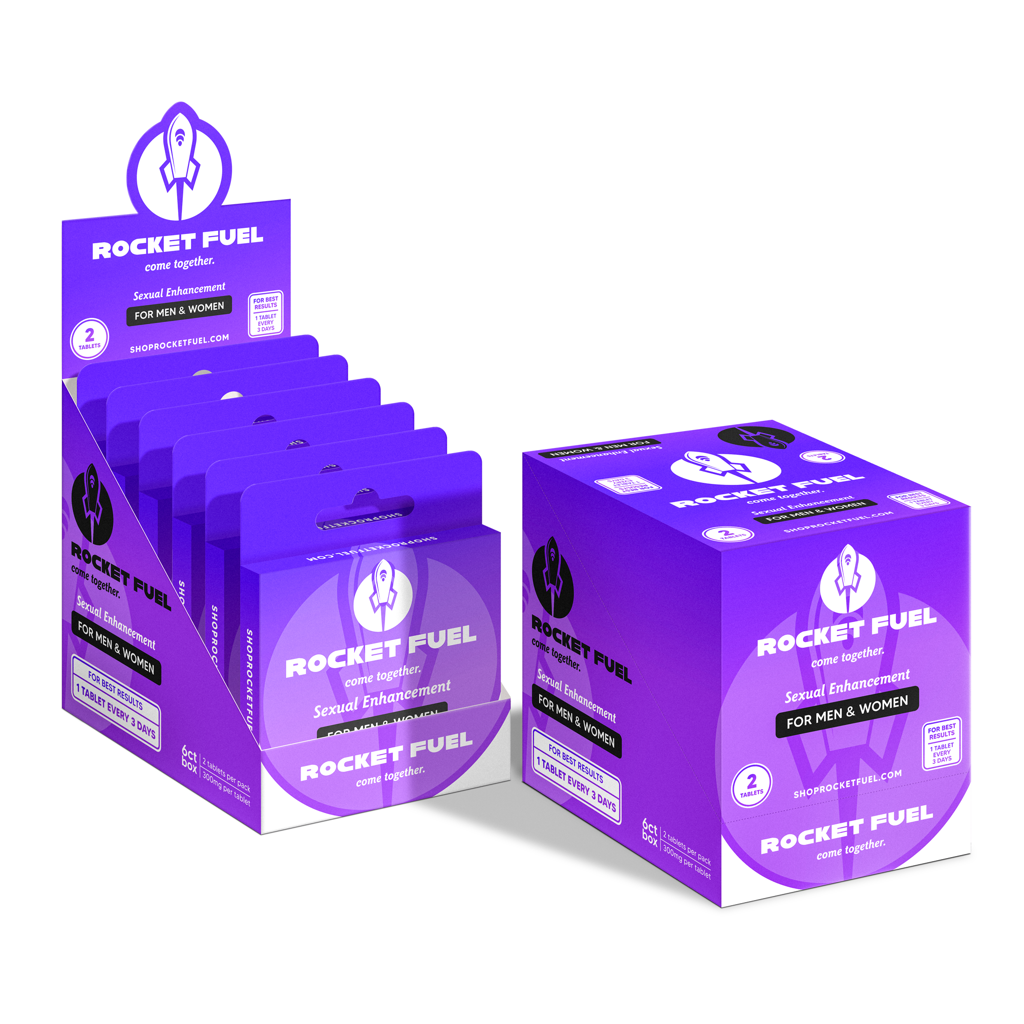 Purple boxes of Rocket Fuel sexual enhancement products on a white background