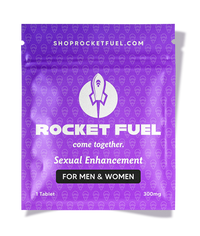 Purple packaging of Rocket Fuel sexual enhancement tablets with branding and website information.