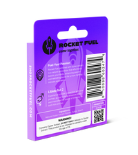 Purple packaging of Rocket Fuel product with branding and text on a white background