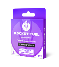 Purple packaging of Rocket Fuel sexual enhancement tablets for men and women on a white background